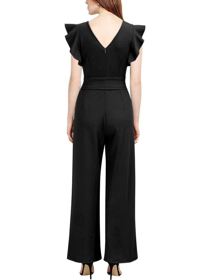 Knitee Women's Vintage Sleeveless Ruffle High Waist Wide Leg Romper Formal Long Jumpsuit with Belt (Black, Small) - Image 4